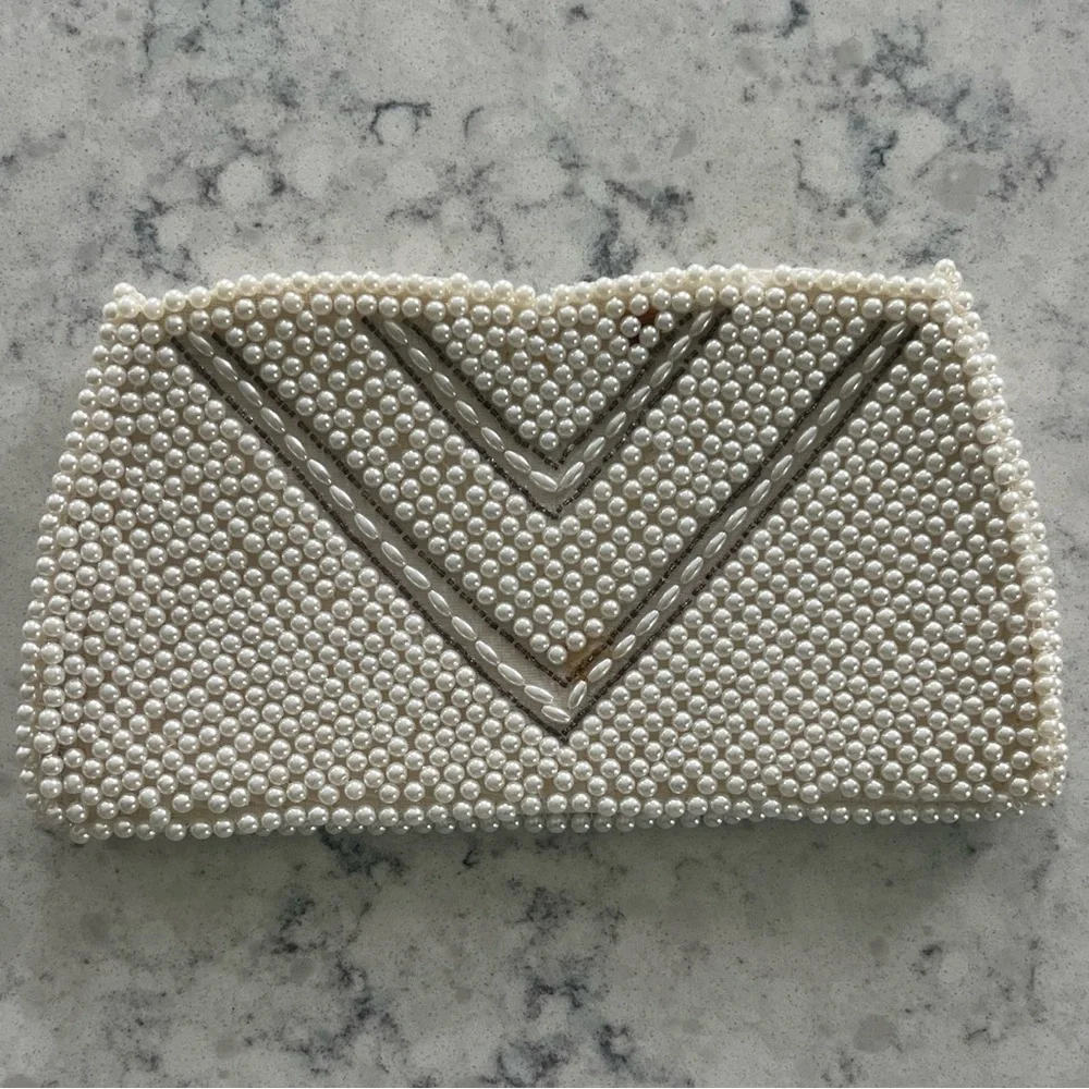 RARE‎ Vintage Pearl Beaded Clutch W/ Silver Arrows Handmade In Japan Great Cond